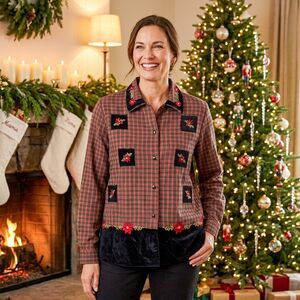 Vintage Quizz Again Plaid Velvet Quilted Embroidered Accent Xmas Top Size M
